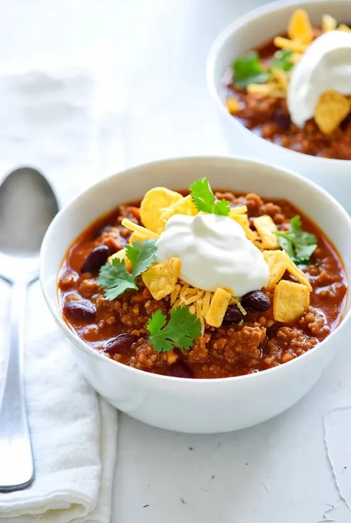 A white bowl of hearty chili, topped with sour cream, shredded cheese, crushed chips, and cilantro, on a white background with a spoon.
