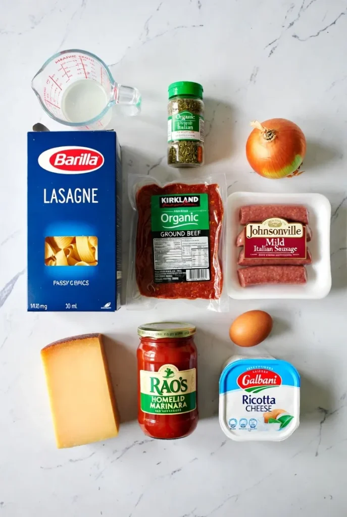 Overhead view of lasagna ingredients including ground beef, sausage, pasta, ricotta, marinara, and onion on a white countertop.