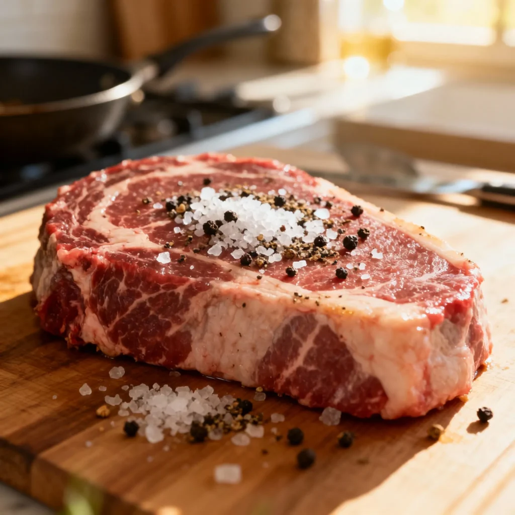 Seasoned ribeye ready for searing resultat