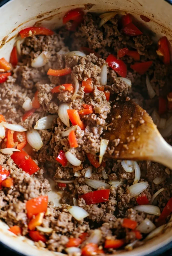 Close-up of ground meat, diced red peppers, and onions cooking in a pot, stirred by a wooden spoon.
