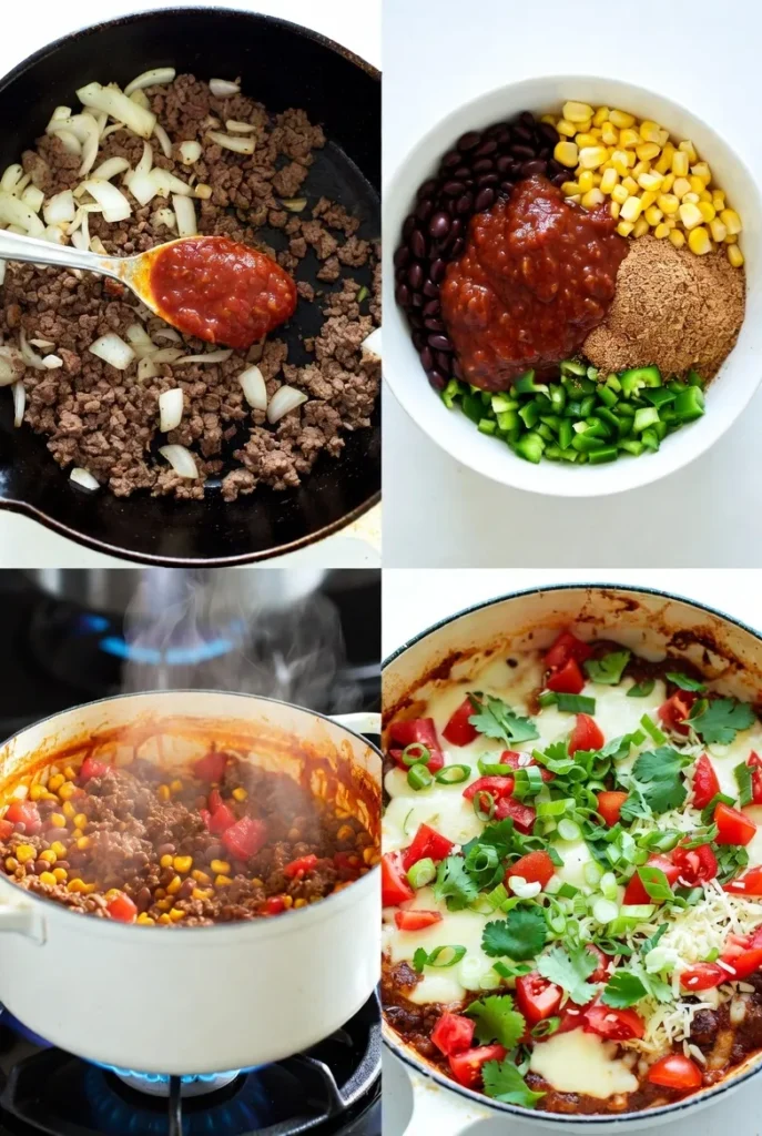 A four-panel grid showing the preparation of a colorful skillet meal, from ingredients to finished dish.