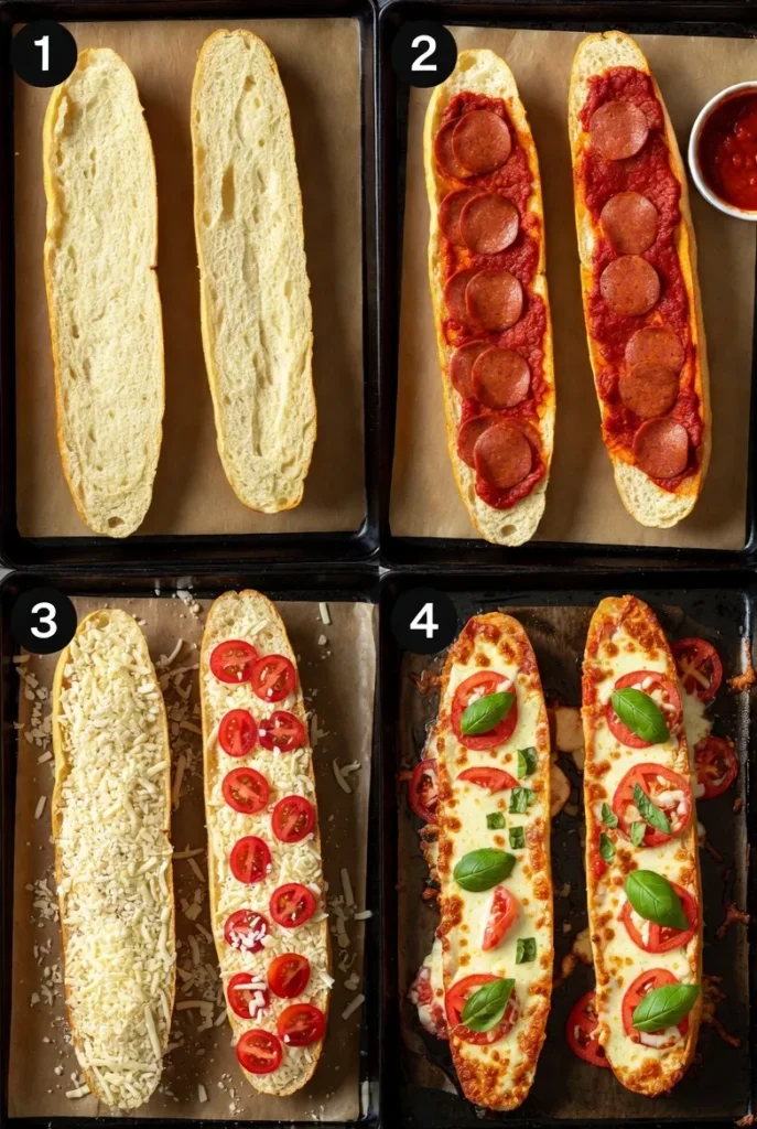A four-panel grid showing the step-by-step process of making French bread pizzas, from plain bread to cooked.