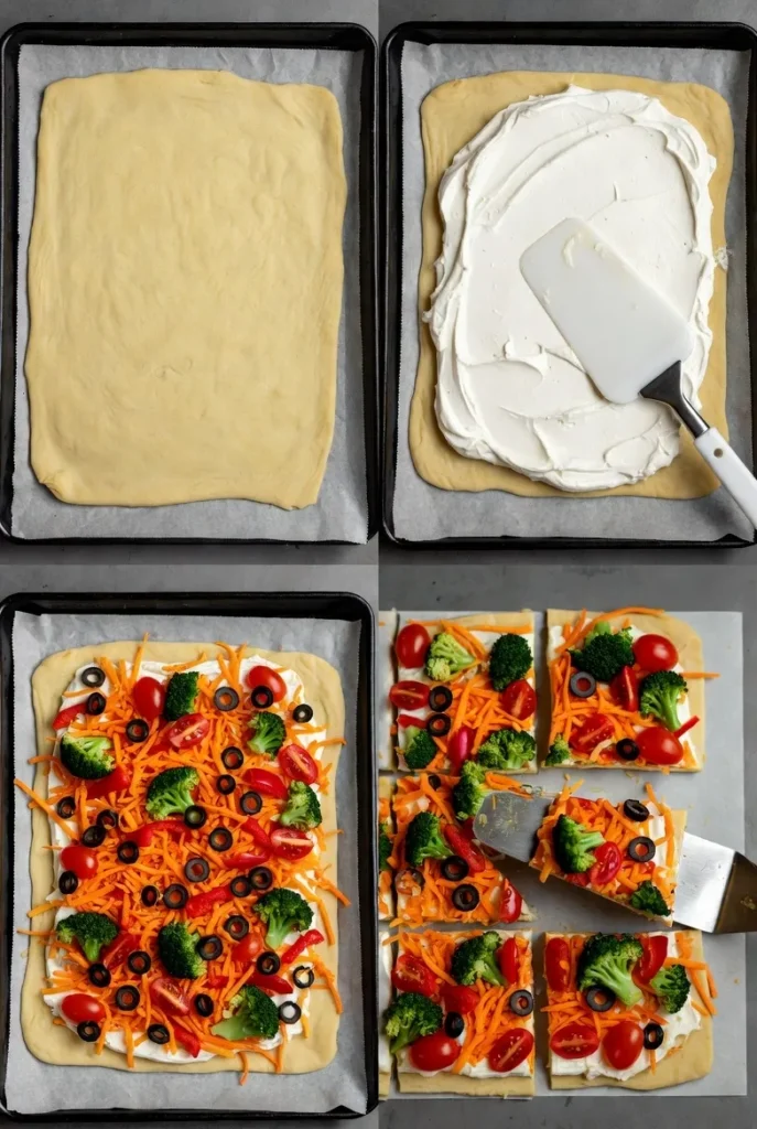 A four-panel image illustrating the steps to make a fresh vegetable pizza, from crust to finished slices.