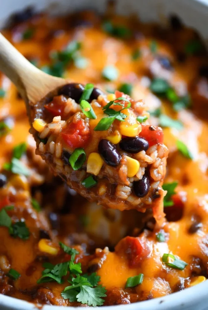 Indulge in this vibrant, cheesy Mexican casserole, brimming with wholesome rice, black beans, sweet corn, and fresh tomatoes. A comforting and delicious meal perfect for any night!