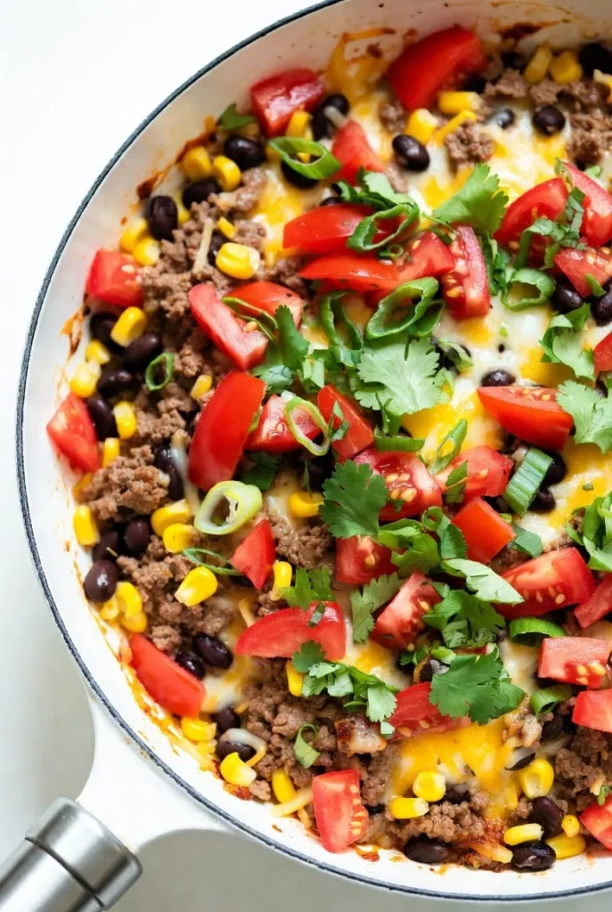 A colorful one-pan taco skillet with melted cheese, ground beef, corn, beans, topped with fresh tomatoes, cilantro, and green onions.